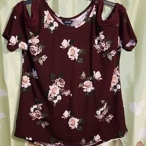 Maroon Floral Cold Shoulder Top